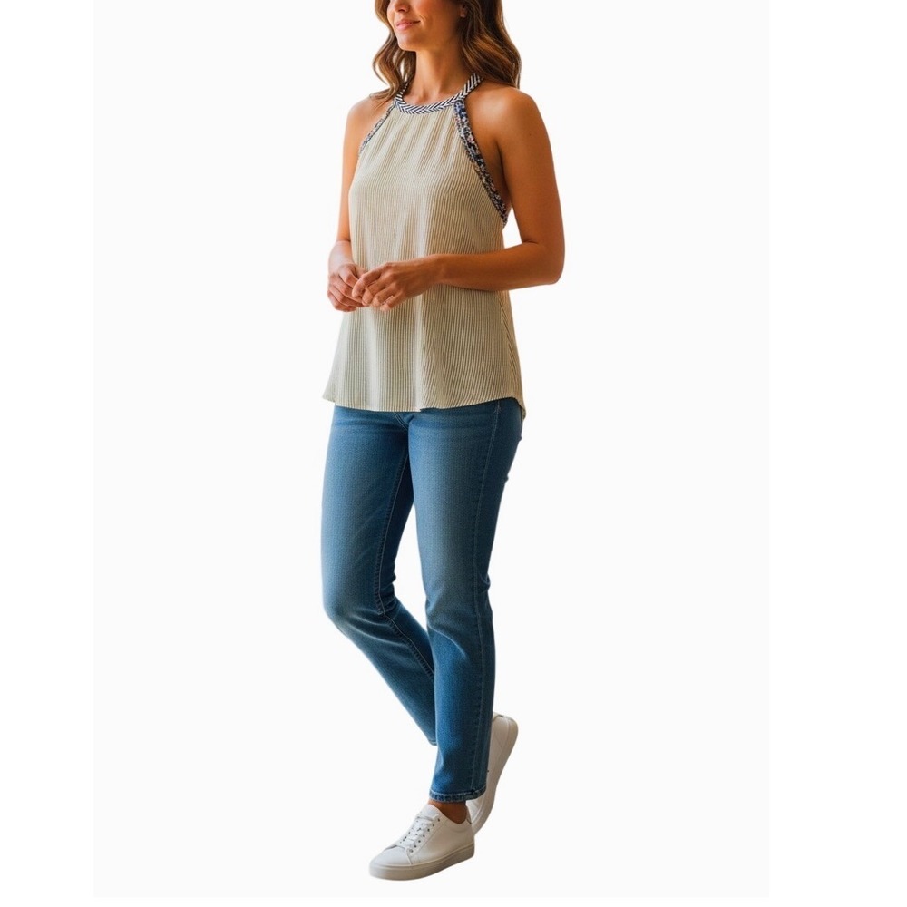 BKE Ribbed Halter Tank Top Boho Floral Strap Lightweight Stretch Butter Yellow M
